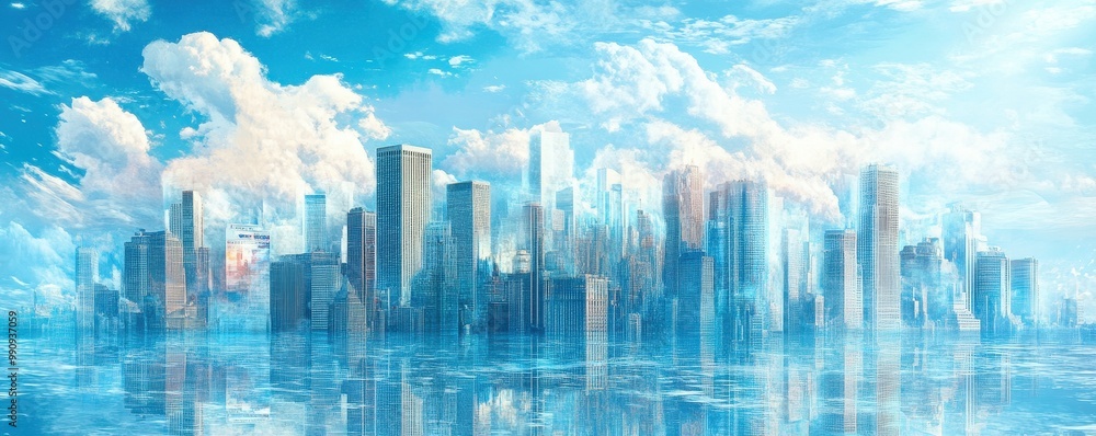 Fototapeta premium Modern city skyline reflecting in water under a bright blue sky with fluffy clouds.