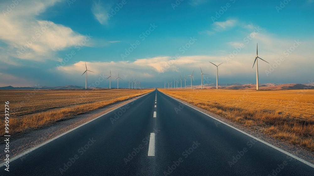 Open road leading to wind turbines under a bright blue sky with clouds, surrounded by open fields. Open road leading to wind turbines under a bright blue sky with clouds, surrounded by open fields.