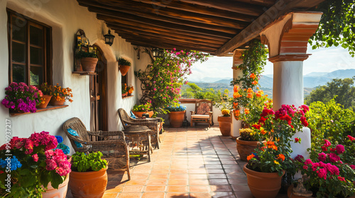 Fototapeta Naklejka Na Ścianę i Meble -  Sunny Mediterranean-style patio with ceramic pots, vibrant flowers, and rustic outdoor furniture beneath a tiled roof
