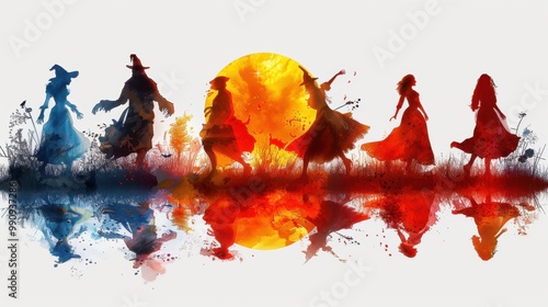 Design Pop Color silhouette illustrations of spooky Halloween The Phantom of the Opera in various activities ,with bold lines and simple design, placed on a white background 