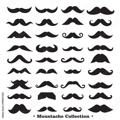 A collection of different black silhouettes of mustaches in various styles and shapes, on a white background