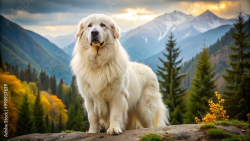 The majestic Pyrenean mountain dog sits proudly in front of a soft focus forest backdrop, its thick white photo