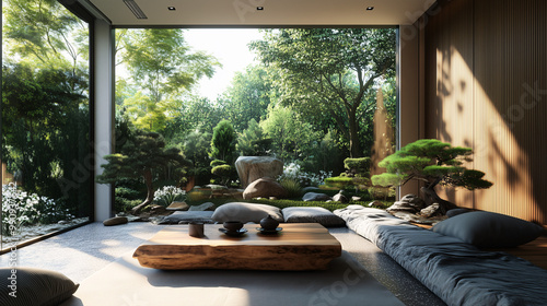 Tranquil Zen garden room with floor cushions, a low tea table, bonsai trees, and natural elements like stones and wood for a peaceful atmosphere
 photo