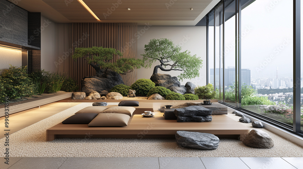 Fototapeta premium Tranquil Zen garden room with floor cushions, a low tea table, bonsai trees, and natural elements like stones and wood for a peaceful atmosphere 