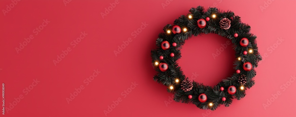 A festive Christmas wreath adorned with red ornaments and pinecones on a vibrant red background, perfect for holiday decor. A festive Christmas wreath adorned with red ornaments and pinecones on a vibrant red background, perfect for holiday decor.