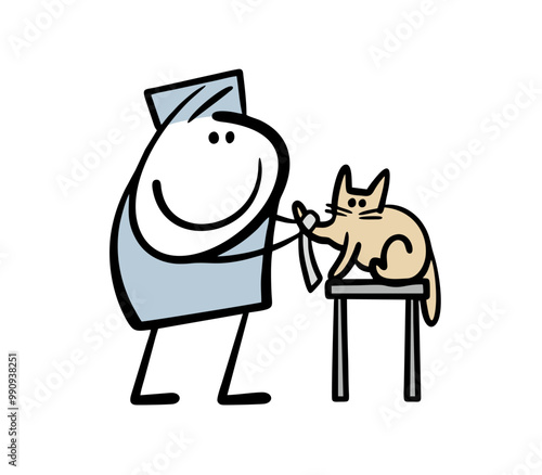 Cartoon kind stickman veterinarian provides first aid to an injured cat. Vector illustration of a veterinary clinic, a man bandaging   paw. Cute pet with a wound.