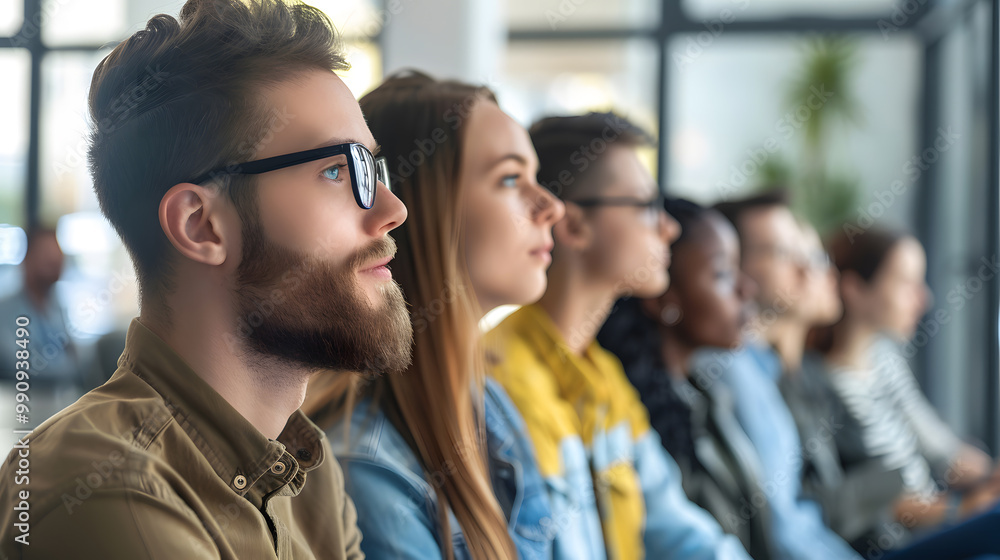 Group of people sitting in row in the office, waiting for a business meeting or job interview. generative ai. Group of people sitting in row in the office, waiting for a business meeting or job interview. generative ai.