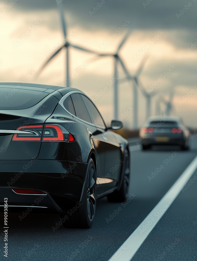 Fototapeta premium Two modern cars driving on a scenic road with wind turbines in the background under a cloudy sky.