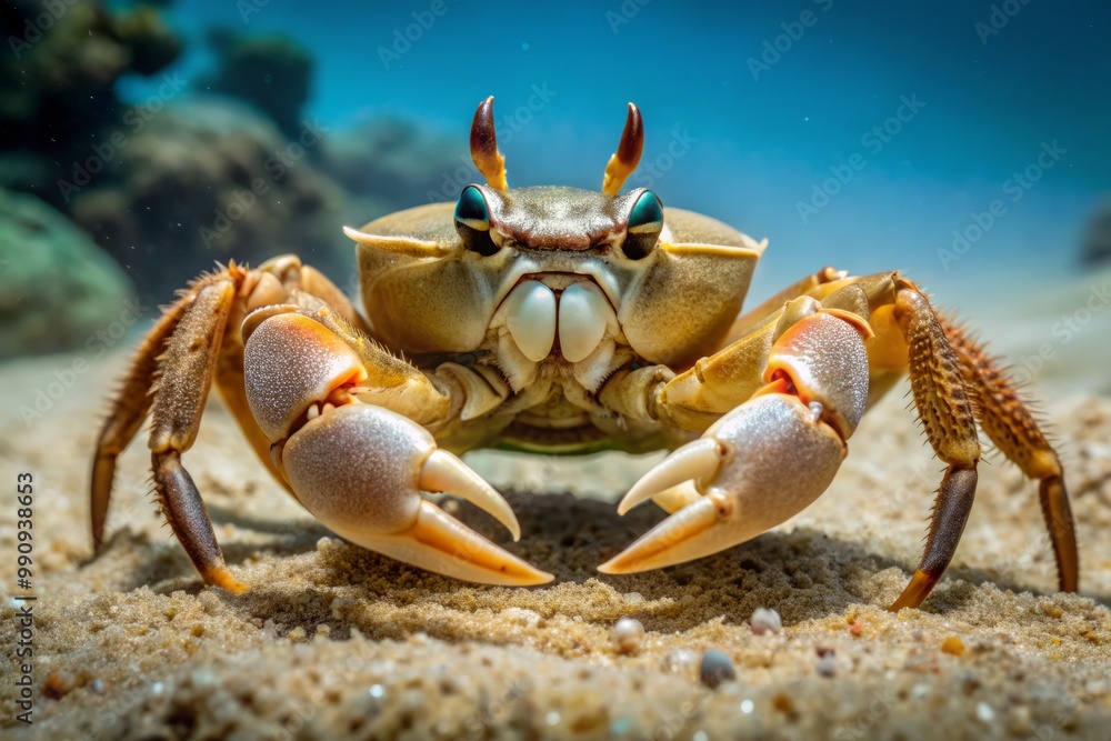 The opilio crab's claws and long legs protrude from the sandy seabed, its shimmering shell reflecting snippets of The opilio crab's claws and long legs protrude from the sandy seabed, its shimmering shell reflecting snippets of