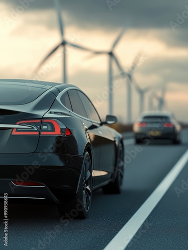 Two modern cars driving on a scenic road with wind turbines in the background under a cloudy sky.