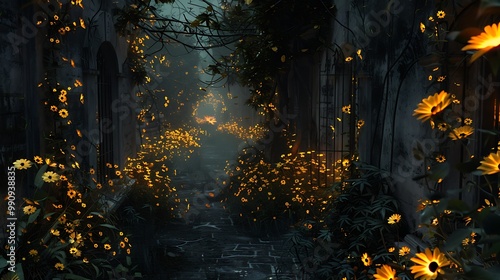 At dusk an alley decorated with flames and brilliant yellow flowers provides a surreal scene