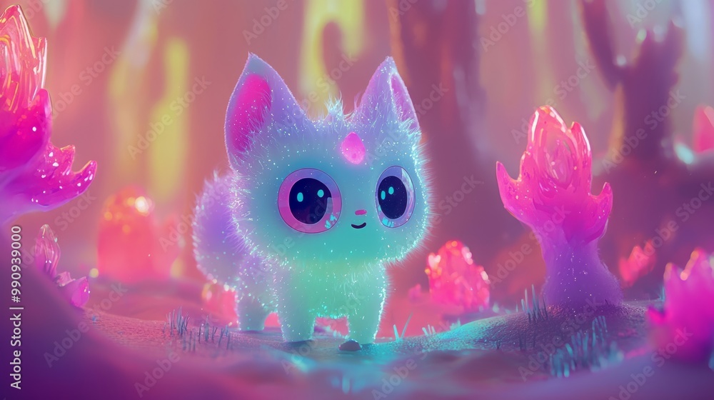 Enchanting Kawaii Fantasy Creature with Iridescent Glow and Playful Features Enchanting Kawaii Fantasy Creature with Iridescent Glow and Playful Features