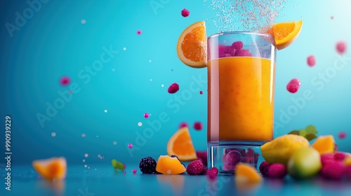 Refreshing glass filled with colorful citrus fruit juice splashing against a teal blue background Ripe orange slices blackberries and ice cubes create a vibrant healthy