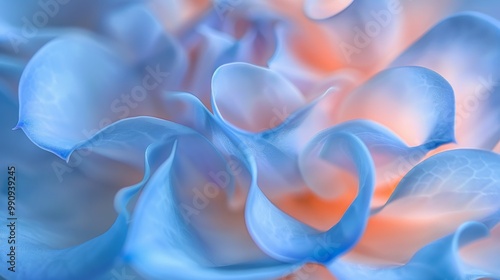 Macro photograph abstract blue mushroom petals soft flowing folds with finely detailed grooves illuminated natural light creating gentle shadows highlights smooth transitions between light pink soft p