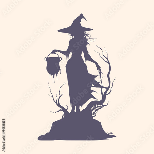 Silhouette of charming young cute witch girl with cauldron. Long curly hair. Halloween relative character silhouette