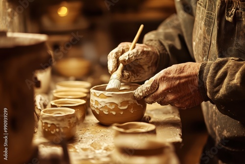 A potter skillfully decorates a clay bowl with a brush in a workshop. photo