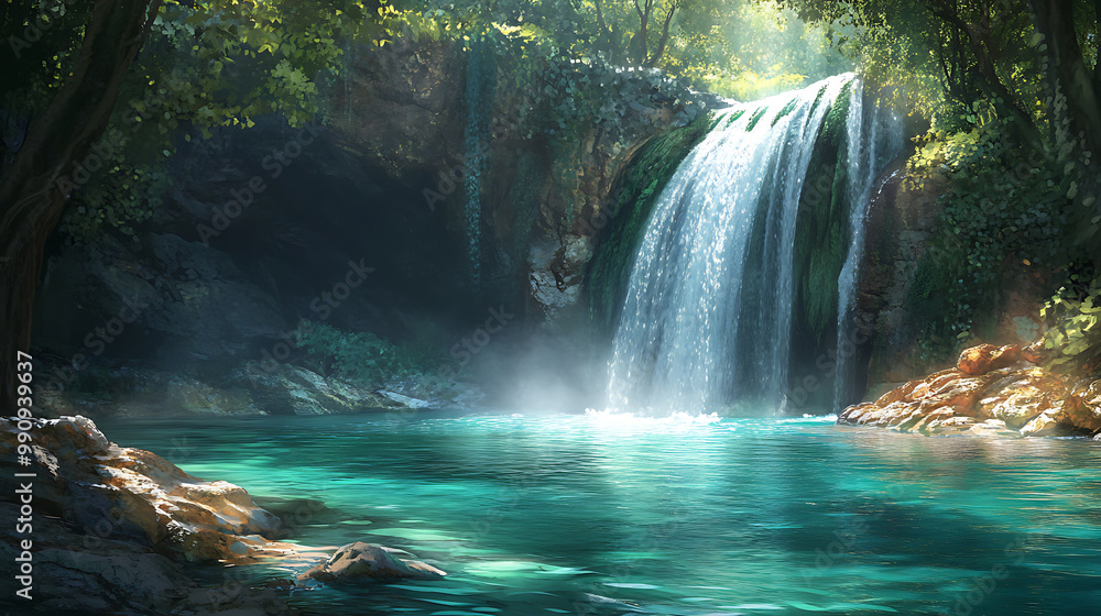 A tranquil waterfall in a hidden forest, with the water glowing softly as it cascades into a crystal-clear pool below A tranquil waterfall in a hidden forest, with the water glowing softly as it cascades into a crystal-clear pool below