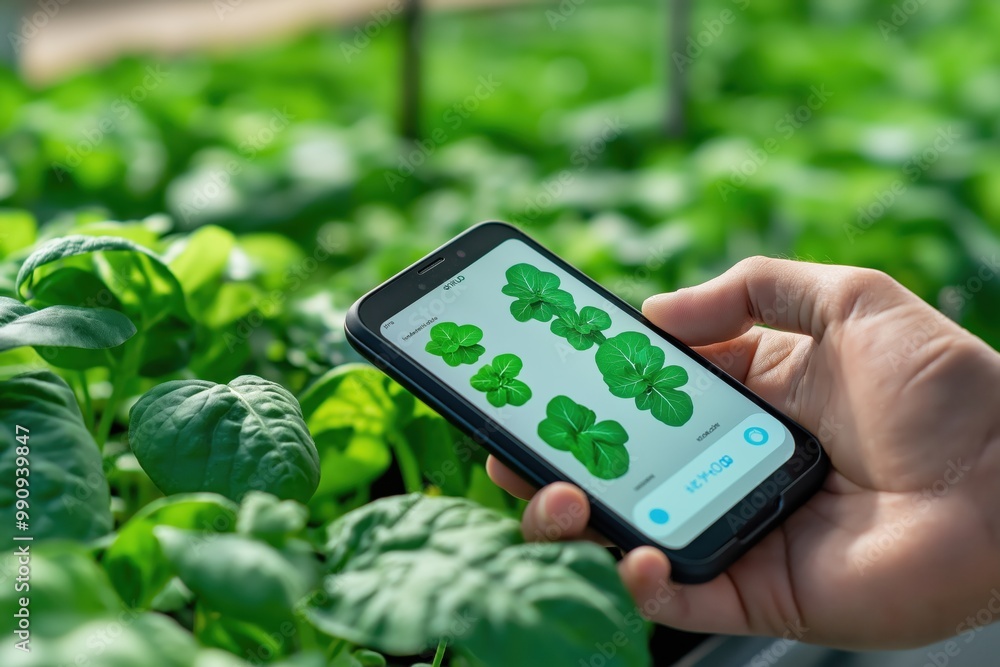 Smartphone used to monitor and manage an organic vegetable garden in an eco friendly environment showcasing the of modern technology and sustainable agriculture practices Smartphone used to monitor and manage an organic vegetable garden in an eco friendly environment showcasing the of modern technology and sustainable agriculture practices