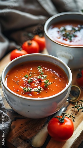 Two bowls of tomato soup garnished with herbs, surrounded by fresh tomatoes.