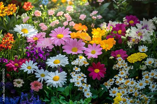 Joyful background with mixed daisy arrangements in a sunlit garden setting