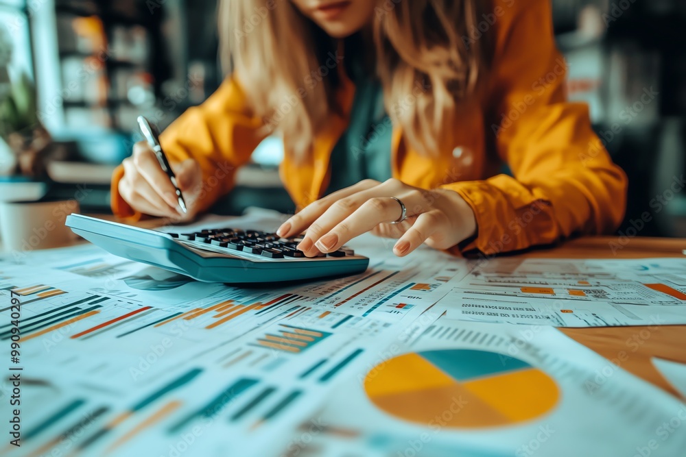 Fototapeta premium Woman working on financial documents with a calculator and pen.