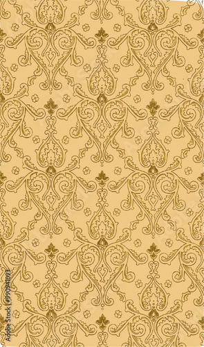 Vintage cream wallpaper with intricate brown swirling leaf pattern.