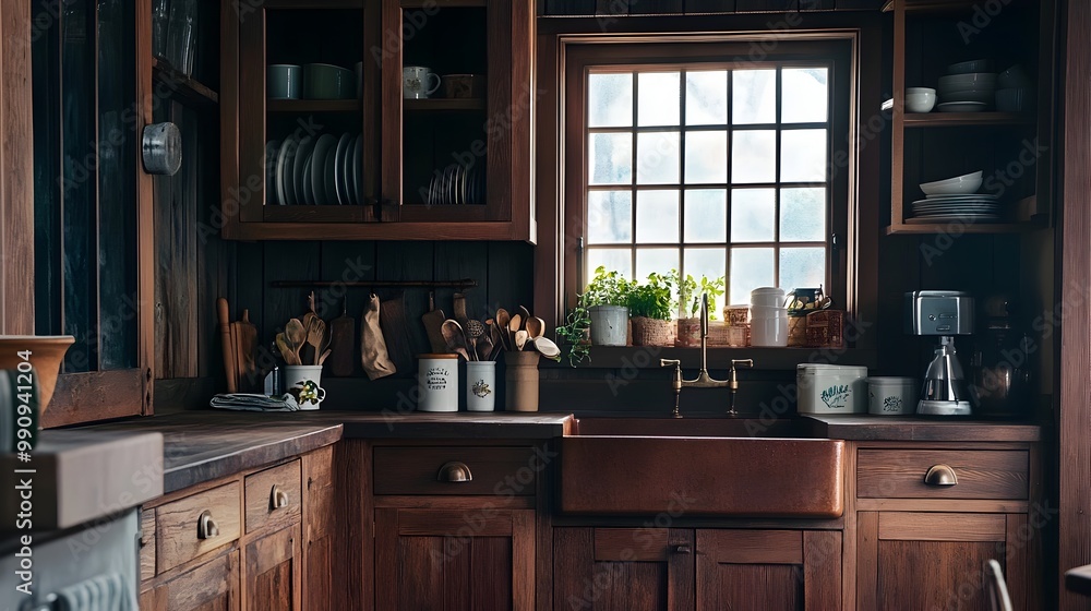 Rustic and cozy farmhouse style kitchen featuring rich brown wooden cabinetry a farmhouse sink and a warm inviting color palette Rustic and cozy farmhouse style kitchen featuring rich brown wooden cabinetry a farmhouse sink and a warm inviting color palette