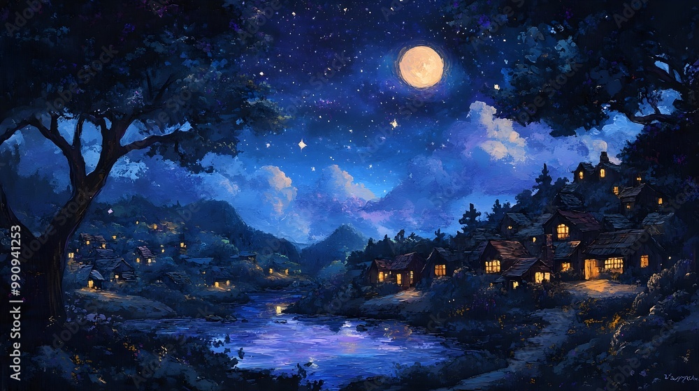 Enchanting Painting of a Tranquil Nighttime Landscape with a Glowing Moon Shimmering Stars and a Charming Village Nestled Below in Serene Blues and Purples Enchanting Painting of a Tranquil Nighttime Landscape with a Glowing Moon Shimmering Stars and a Charming Village Nestled Below in Serene Blues and Purples