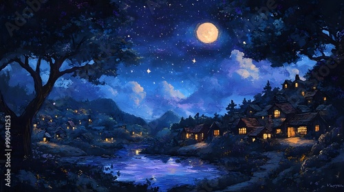 Enchanting Painting of a Tranquil Nighttime Landscape with a Glowing Moon Shimmering Stars and a Charming Village Nestled Below in Serene Blues and Purples