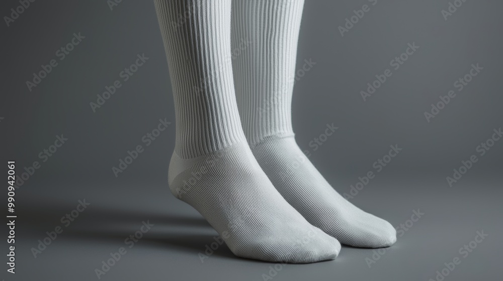 Crisp white socks on mannequin feet, highlighted by focused lighting to showcase their smooth knit and perfect fit. Crisp white socks on mannequin feet, highlighted by focused lighting to showcase their smooth knit and perfect fit.