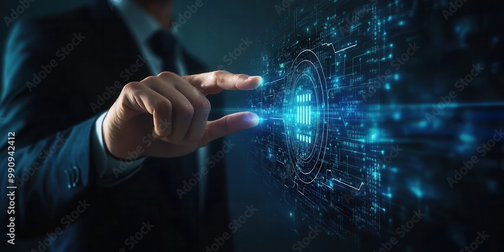 A business professional interacting with a digital interface, showcasing innovative technology and futuristic design. A business professional interacting with a digital interface, showcasing innovative technology and futuristic design.