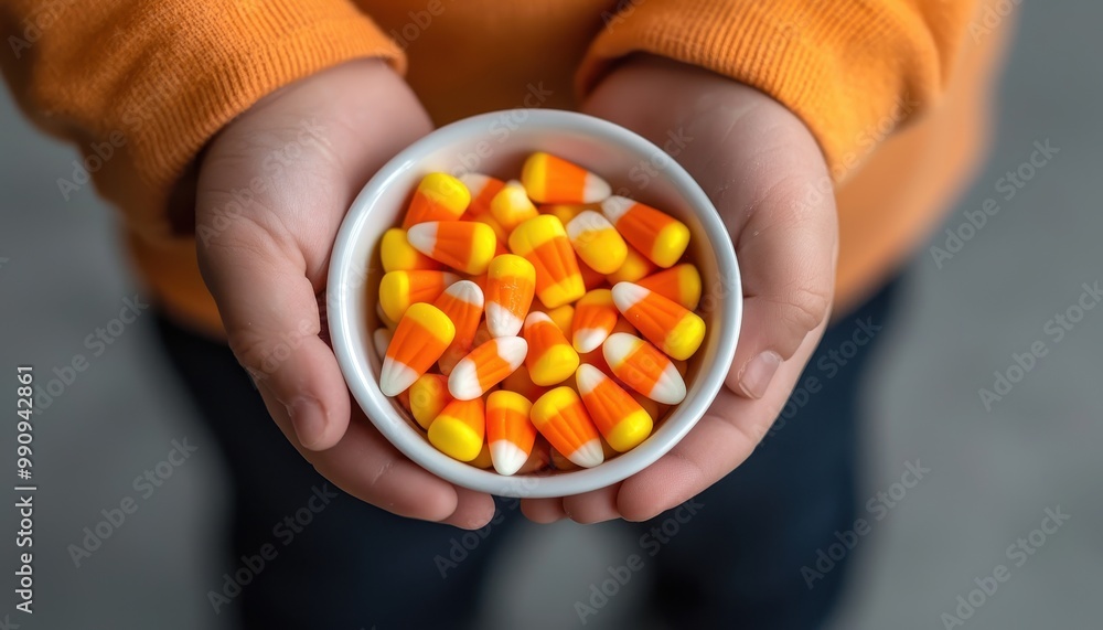 Glowing candy corn in a child's hand, close-up, Halloween trick-or-treat, soft shadows, vibrant and cheerful atmosphere Glowing candy corn in a child's hand, close-up, Halloween trick-or-treat, soft shadows, vibrant and cheerful atmosphere