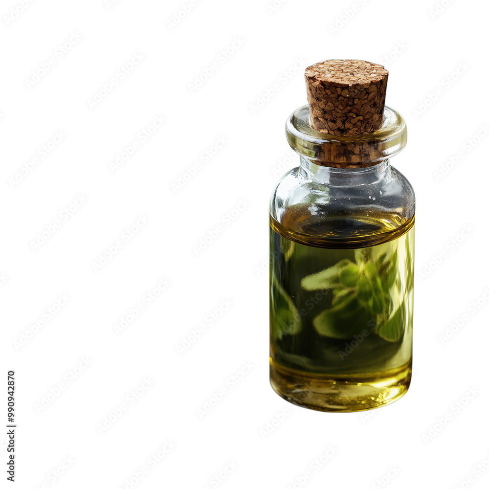 Glass bottle with cork containing herbal oil and fresh green herbs on a transparent background, perfect for aromatherapy and natural health concepts Glass bottle with cork containing herbal oil and fresh green herbs on a transparent background, perfect for aromatherapy and natural health concepts