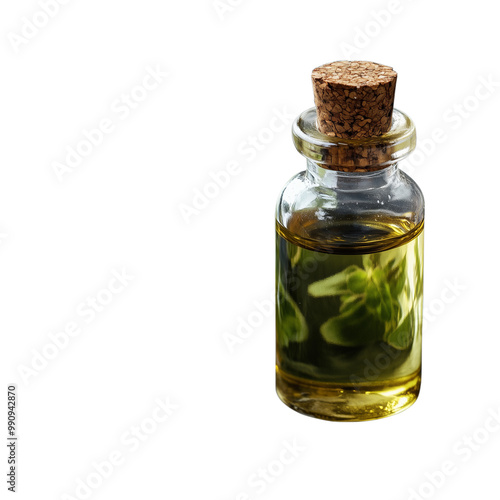 Glass bottle with cork containing herbal oil and fresh green herbs on a transparent background, perfect for aromatherapy and natural health concepts