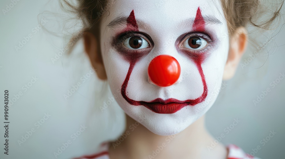Close-up of a child's face in clown makeup, glowing red nose, Halloween costume, spooky and cheerful, soft eerie lighting Close-up of a child's face in clown makeup, glowing red nose, Halloween costume, spooky and cheerful, soft eerie lighting