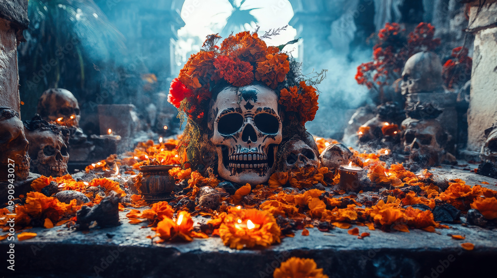 Mexican Altar of the Dead. Sugar skulls on an altar in Mexico on Day of the Dead Mexican Altar of the Dead. Sugar skulls on an altar in Mexico on Day of the Dead