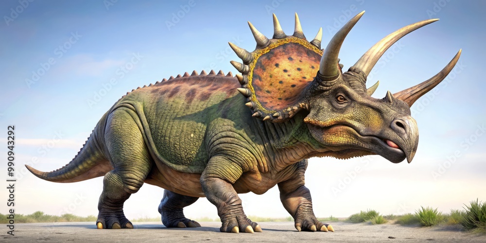 Obraz premium With its impressive horns and sprawling frill, this prehistoric herbivore dinosaur dominated the palaeo ecosystem,