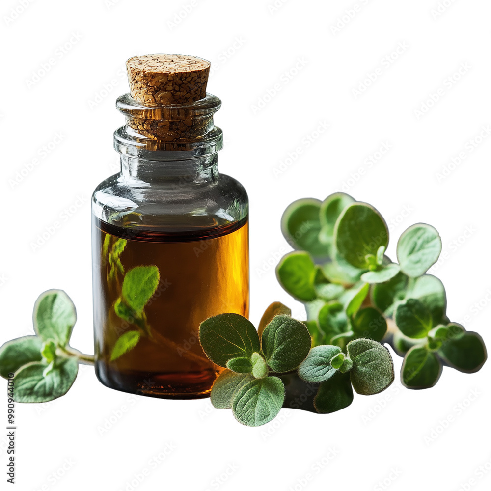 Glass bottle of oregano essential oil alongside fresh oregano leaves on transparent background Glass bottle of oregano essential oil alongside fresh oregano leaves on transparent background