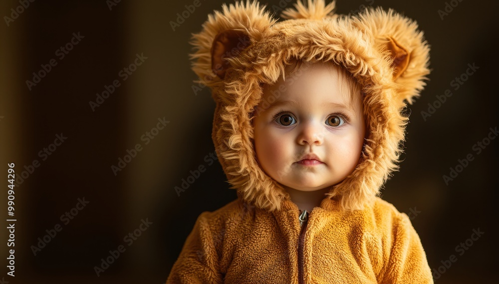 Baby in a soft lion costume with a glowing mane, close-up, Halloween night, cute and cuddly, warm golden light Baby in a soft lion costume with a glowing mane, close-up, Halloween night, cute and cuddly, warm golden light