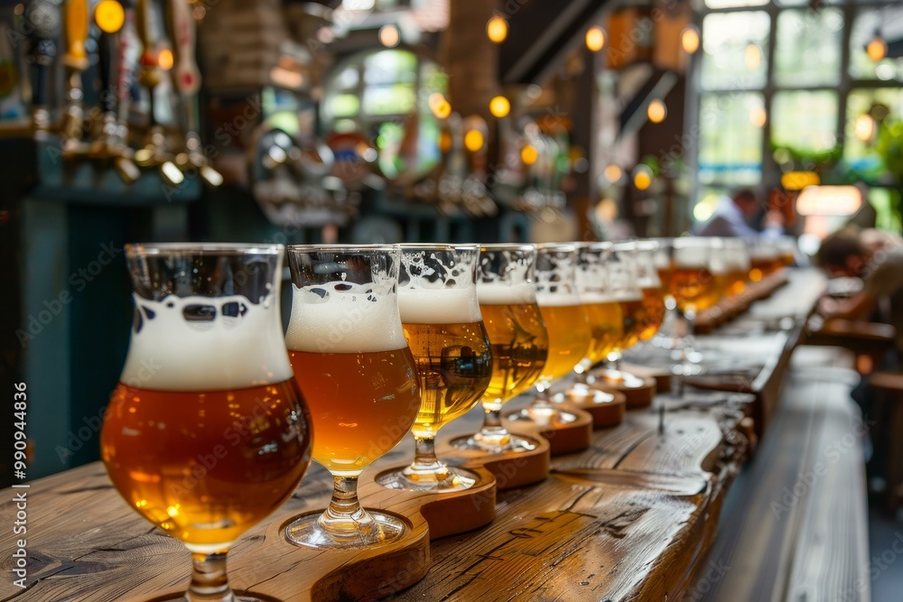 Row of craft beer flights in tulip glasses stand on a bar top made of reclaimed wood