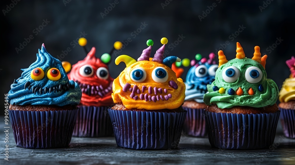 Beautifully crafted Halloween cupcakes designed to resemble spooky monster faces featuring vibrant frosting edible eyes and playful candy embellishments set against a dark atmospheric backdrop Beautifully crafted Halloween cupcakes designed to resemble spooky monster faces featuring vibrant frosting edible eyes and playful candy embellishments set against a dark atmospheric backdrop