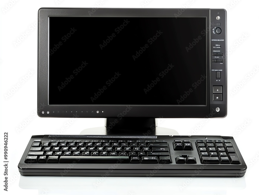 A black computer monitor and keyboard on a white background. A black computer monitor and keyboard on a white background.