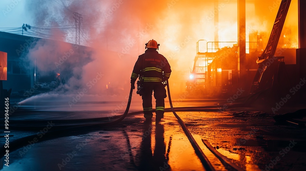 Fototapeta premium Brave firefighter in action, sweat-soaked and surrounded by smoke and flames, embodying the courage and dedication of emergency response heroes.