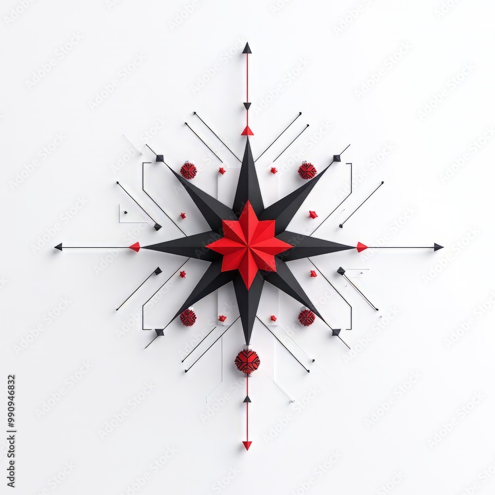 Geometric star design featuring bold red and black colors set against a white background, perfect for modern decoration. Geometric star design featuring bold red and black colors set against a white background, perfect for modern decoration.