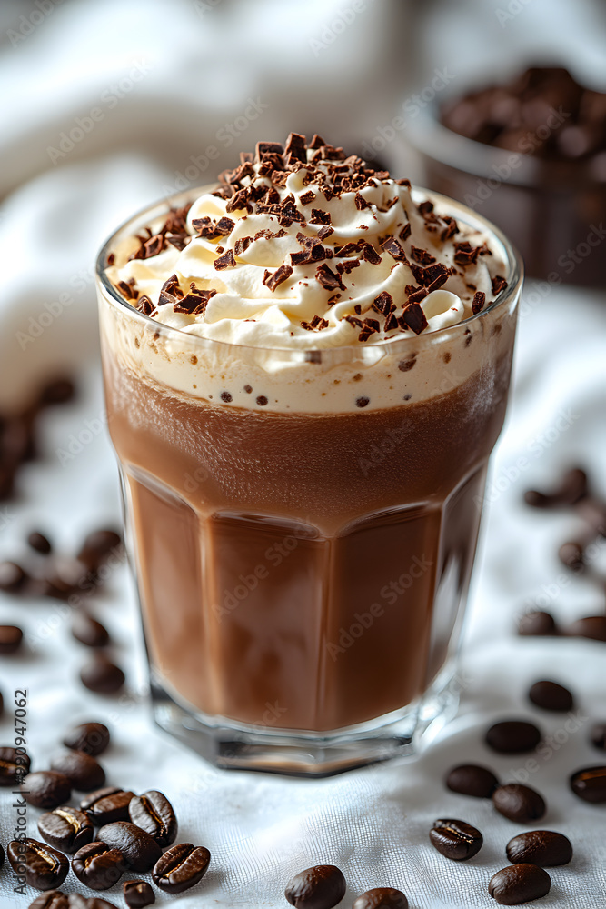 Chocolate ice coffee with cream and chocolate drizzle in a glass Chocolate ice coffee with cream and chocolate drizzle in a glass