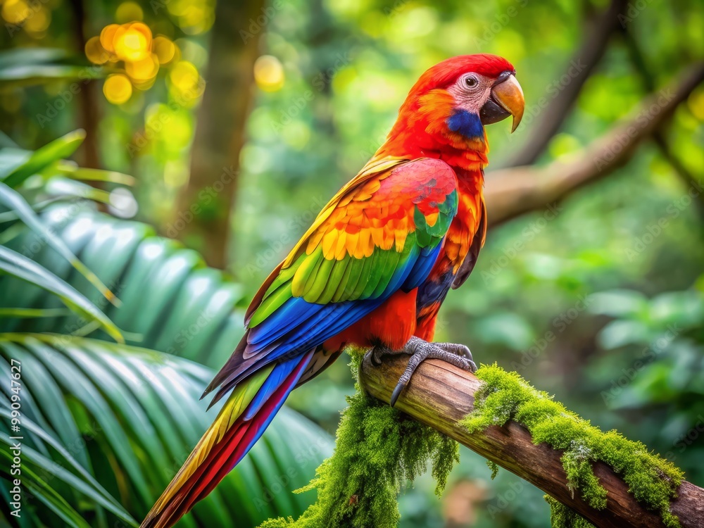 Vibrant feathers ruffled, a colorful parrot sits atop a tree branch, surrounded by verdant foliage and colorful blooms Vibrant feathers ruffled, a colorful parrot sits atop a tree branch, surrounded by verdant foliage and colorful blooms
