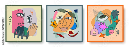 Colorful abstract background of faces. Vector design of geometric shapes and lines in the cubist style