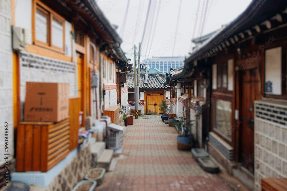 Bukchon Hanok Village, Jongno District, Seoul, South Korea, streets with traditional korean houses, travel to South Korea concept in a spring sunny day Bukchon Hanok Village, Jongno District, Seoul, South Korea, streets with traditional korean houses, travel to South Korea concept in a spring sunny day
