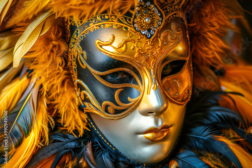 Mask carnival venice masquerade venetian party background theater purim costume italy. Venice carneval mask golden mardi carnival gras feather ball gold venezia design holiday celebration face dark photo