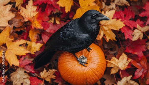 A spooky crow perched on a pumpkin, surrounded by autumn leaves, close-up, haunted mood, warm fall colors, eerie shadows, closes up